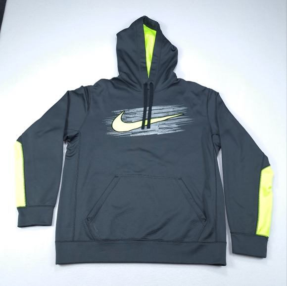 Nike‎ Hoodie Mens Medium Gray Green Therma Fit Swoosh Pullover Long Sleeve - Picture 1 of 14